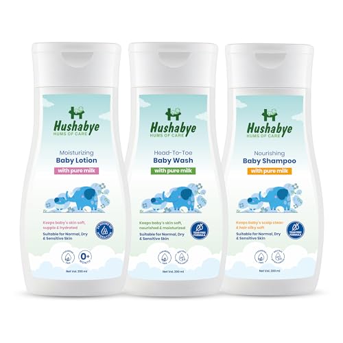 Image of Hushabye Moisturizing Baby Lotion, Head to Toe Wash & Nourishing Shampoo with Milk Protein | pH Balanced for All Skin Types | Newborn Care Gift Set, 200ml Each, Combo Pack of 3