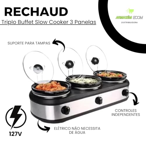 Rechaud Elétrico Triplo Buffet, 3 Panelas Cerâmicas 2,4 L com Tampas de Vidro, 3 Controles de Temper