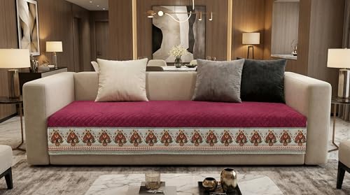 Image of Velvet Quilted Sofa Cover Mat Seat & Back, L Shape 3+2, Main L69in Chaise L46in H32in, Maroon Color,Anti Skid Backing, 6in Hanging Strap Design, Washable S, Style -Maroon-L32