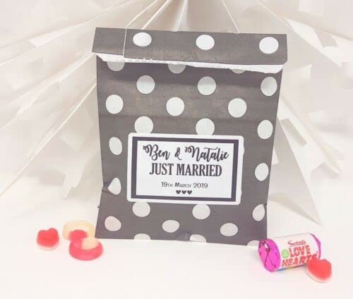 Personalised Wedding Favour Sweet Bags Birthday Candy Cart Striped Polka Dots | Black Polka Dots - Just Married | 100