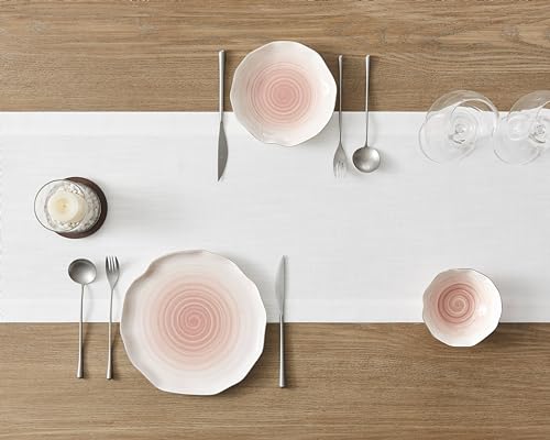 Image of ZeeMart Linen Textured Border Table Runner, 14 x 108 Inch White, Farmhouse Style White Table Runners 108 Inches Long, Easy Care Everyday Polyester Table Runner