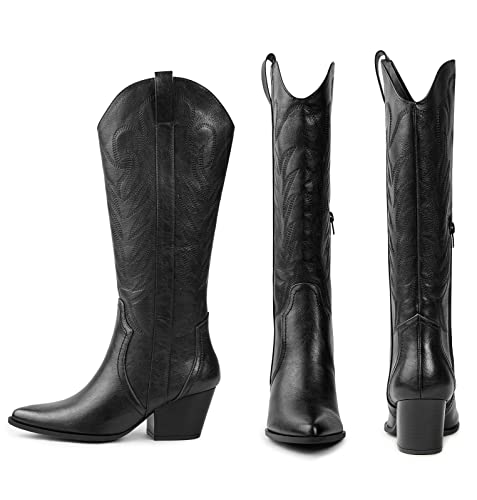 Arromic Cowgirl Boots For Women, Western Cowboy Boots For Women Knee High Tall Pointed Toe Embroidered Pull On Zipper Stitching Chunky Heel Fashion Boots #TOP2