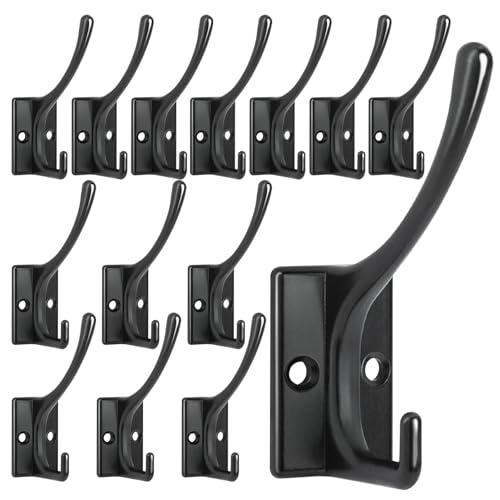 Homanu CH14-1-BLACK 14 Pack Coat Hooks, Heavy Duty Coat Hooks Wall Mount With 28 Screws, No Rust Double Hooks Black Hooks For Towel, Coat, Scarf, Bag, Hat, Cup, Key cover
