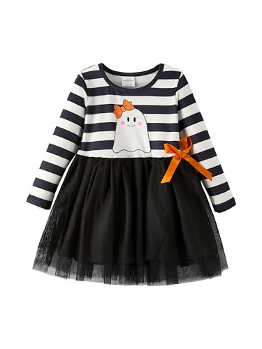 Halloween - Themed Black & White Striped Long - Sleeve Girls' Dress with Ghost Print & Orange Bow