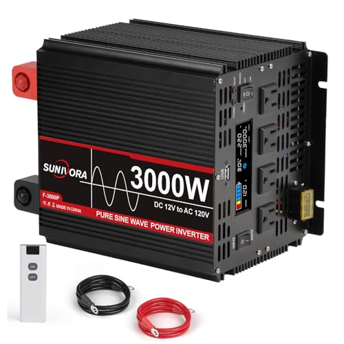 Sunivora 3000 Watt Pure Sine Wave Power Inverter with LCD 12V DC to 110V/120V AC Peak Power 6000W Car Power Inverter with 4 AC Outlets & 1 USB Port & Remote Control for Truck RV Car Solar System