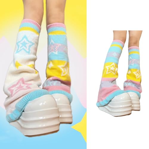 Candy Color Rainbow Reversible Flared Leg Warmers with Sweet Star Pattern for Women Aesthetic Knitted Foot Covers Socks2