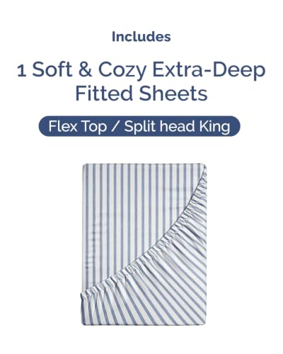 Image of Extra Deep Flex Top Split Head King Fitted Sheet - Hotel Luxury Single Fitted Sheet Only - Easily Fits 18 inch to 24 inch Mattress - Ultra Soft, Wrinkle Free w /Extra Deep Pockets - Blue Stripes 2