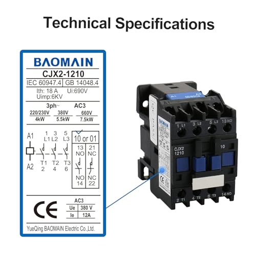 Baomain CJX2-1210 3 polos Contactor AC – Bobina 24VAC, 3NO+1NO Auxiliar, 660V trifásico, montaje en riel DIN para motores, bombas y paneles de control industrial miniatura 2