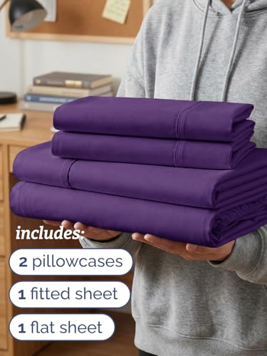 Image of Twin XL 4 Piece Sheet Set - College Dorm Room Essentials - Purple | Ultra Soft Dorm Bedding Set, 8 inch to 16 inch Inch Deep Pockets, 1 Flat & 1 Fitted Sheet & 2 Pillowcases, Wrinkle & Fade Free