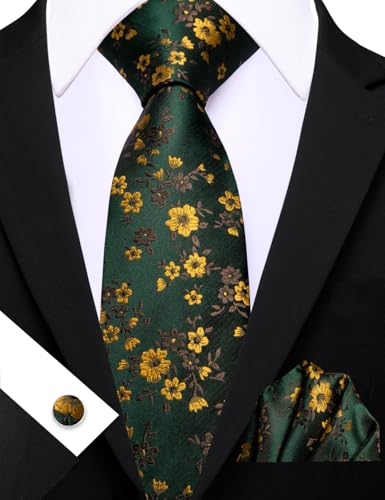 Image of Barry.Wang Flower Ties for Men Handkerchief Cufflinks Set Wedding Necktie Set Party