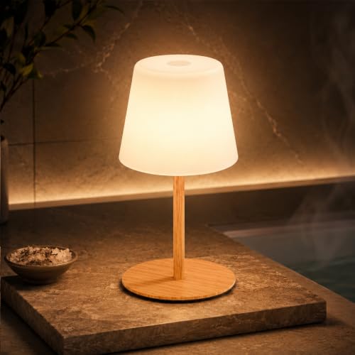 Image of IP65 Waterproof Shower Lamp, Cordless Rechargeable Table Lamp, Wood Grain