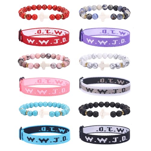 MOZAKA 12 PCS WWJD Braided Rope Bracelet Cross Pendant Beads Stretch Bracelet for Women Men What Would Jesus Do Religious Jewelry Gift