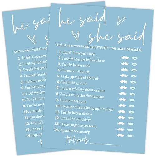 Jeux de mariage He Said She Said bleu avec cartes de conseils pour fête de mariée