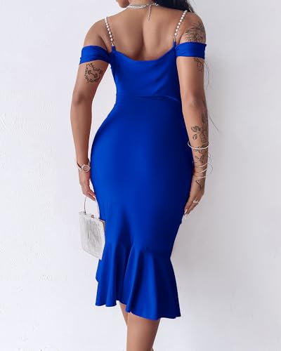 Image of CHICME Womens Sexy Bodycon Party Dress Off The Shoulder Pearls Strap Midi Dress Ruffle Hem Cocktail Dresses