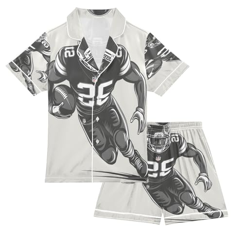 ALAZA White Rugby Ball American Football Satin Pajamas Set Short Sleeve Button Down Sleepwear Summer Pjs 2 Piece