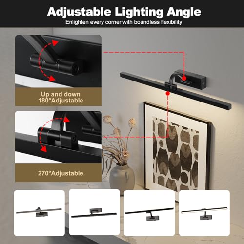 Image of Wireless Picture Lights for Wall,23.5 Inch Black Art Light for Paintings,Battery Operated Picture Lights with Remote Control,Dimmable Rechargeable Art Lamps for Picture Frame,Gallery