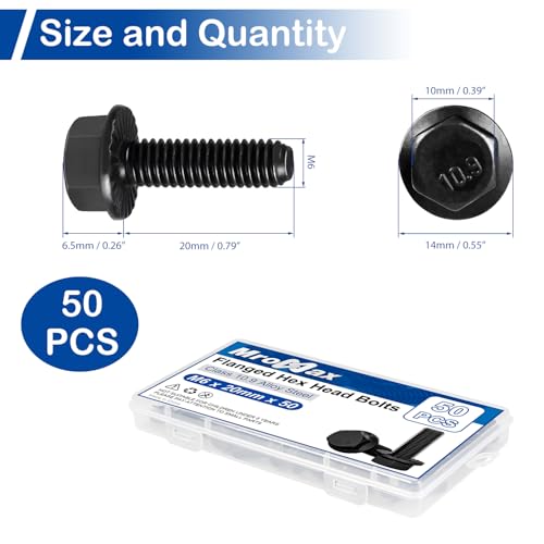 Image of M6-1.0 x 20mm Flanged Hex Head Bolts, 50Pcs Serrated Flange Bolt, Class 10.9 Alloy Steel, Black Oxide, Coarse Thread Fully Threaded, External Flange Hex Drive Screws, DIN6921 /GB5789