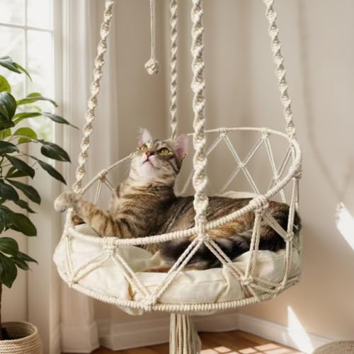 Hamaca para gatos de macramé blanco de 40 cm con borlas 3