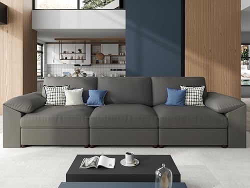 Image of EASE MOOSE 3 Seater Deep Seat Sectional Sofa, Scratch Resistant Faux Leather Material, Oversized Modular Couch for Living Room,Modern Comfy Sofas for Small Spaces,Grey