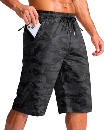 Men's 13" Swim Trunks with 3 Zipper Pockets Board Shorts,Grey Camo,3XL