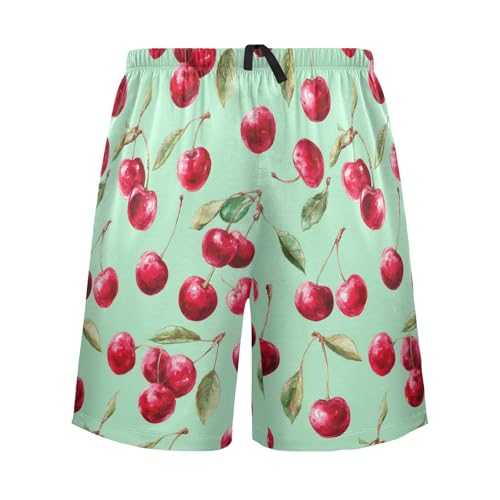 Mens Pajama Shorts Pink Cherries Turquoise Men's Pajama Bottoms Men Lounge Sleep Pants Casual with Drawstring Pockets M2