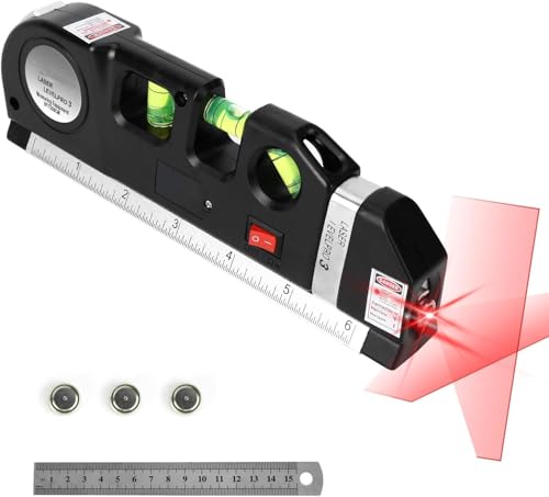 Image of Laser Level Pro 3 with Measuring Tape 8FT (2.5m) | Multi-Function Laser Level Tool with Horizontal & Vertical Alignment, Built-in Ruler, Bubble Level (lesar leval patti)