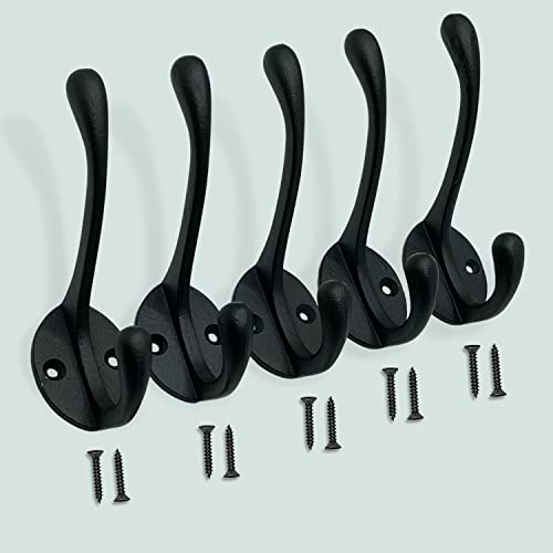 EDENIC 5 ganchos de hierro fundido negro con 10 tornillos - Ganchos resistentes para colgar ropa, bolsos, toallas, sombreros y batas Cover
