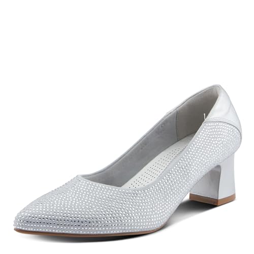 PATRIZIA Women's Senna Block Heel Pumps with Pointy-Toe Silhouette, Shimmering Crystals, and Comfortable Fit