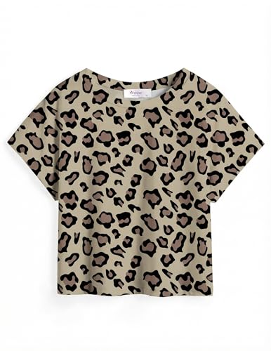 Arshiner Mädchen Crop T-Shirts Leopard Sommer Kurzarm Tops Einfarbige Sport Tee Mode Rundhals Oberteile Casual Lose Shirts 9-10 Jahre