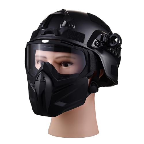 Airsoft Tactical Full Face Helmet, Skull Mask with Detachable Clear Goggles, Military Paintball Helmet with Front NVG Mount & Side Rails, Adjustable Strap, Protective Airsoft Gear
