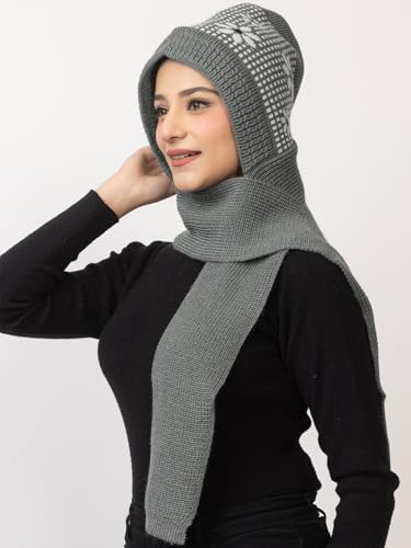 Image of AMOLDO Women's Winter Woolen Soft Warm Knitted Designer Muffler Beanie Cap with Fur | Fleece Printed Woolen Hat with Attached Scarf for Cold Weather