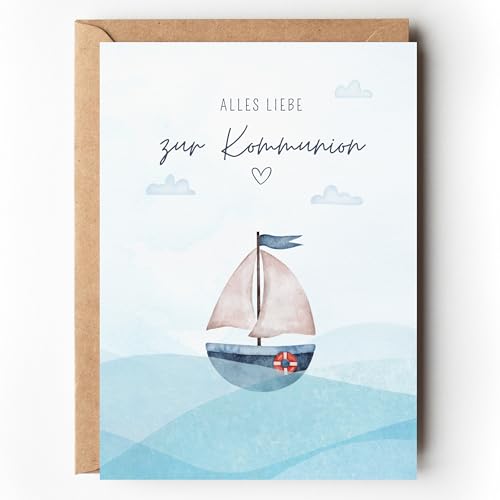 Paperlane by Essi Glückwunschkarte zur Kommunion maritim Kommunionskarte für Jungen Segelboot Aquarell A6 Karte mit Umschlag für Geld Geschenk Erstkommunion Mädchen (1 Karte mit Umschlag)