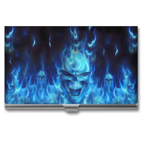 Blue Flame Skull Business Card Holder Slim Metal Case Pocket Wallet for Men Women