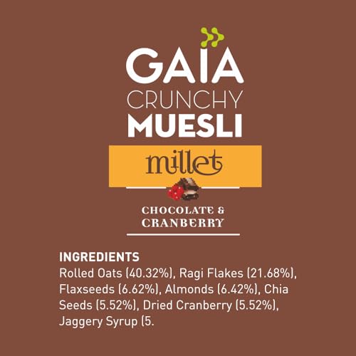 Image of Gaia Crunchy Millet Muesli Chocolate & Cranberry | High in Dietary Fibre | Low Sugar| Zero Trans-Fat | Zero Cholesterol | rich source of omega 3 fatty acids 400G