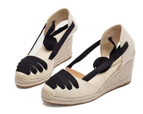 Image of Womens Espadrille Wedge Sandals Closed Toe Platform Lace Up Ankle Strap Slingback Summer Dress Shoes