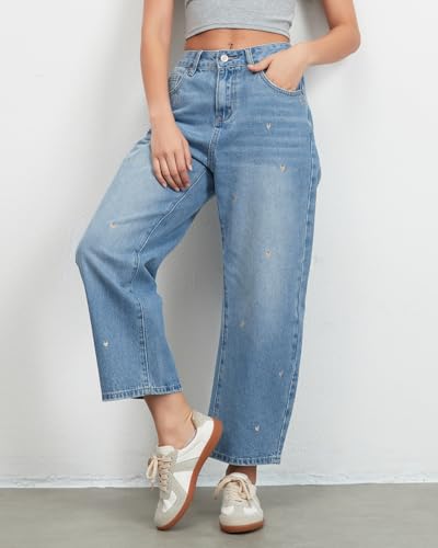 Women's Wide Leg Baggy Jeans Boyfriend Straight Leg Tapered Jeans Embroidered Heart Ankle Denim Pants3