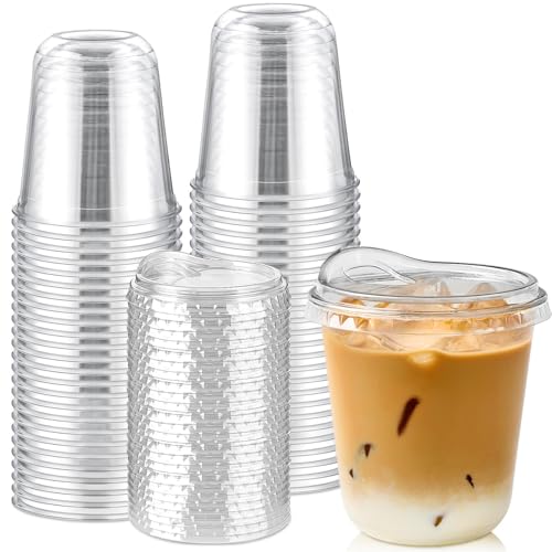 Jycnolm 14 Oz Round Bottom Clear Plastic Cups with Sip Lids 50 Sets Disposable Iced Coffee Cups with Strawless Lids To Go Cold Drink Cups for Smoothies Juices Party Catering