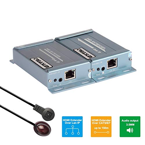 TreasLin 1080P 150M HDMI Extender sobre LAN TCP/IP Cascade, IR Passback, 1 a Muchos o más Cat5 Cat5e Cat6, Full HD 1080p, Salida de Audio de 3,5 mm, TSV891IR