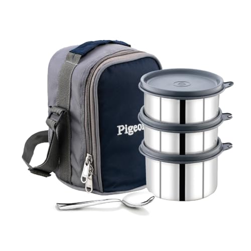 Image of Pigeon Vibe 3 Stainless Steel Lunchbox |SS Tiffin Box with Leak-Proof Airtight Lid | Steel Lunch Box for School, College, Office, Travel, Outdoor