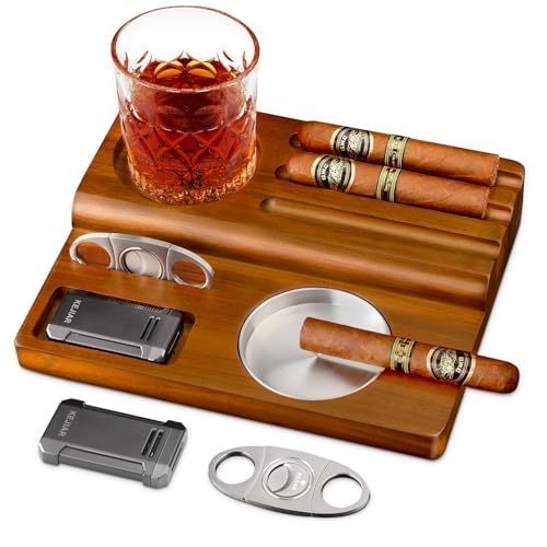 KEJIAR Cigar Ashtray, Wooden Base with Removable and Washable Outdoor Ashtray Suitable for Indoor and Outdoor Use, with Lighter and Cutter and Multiple Cigar Accessories, Ideal Gift for Men