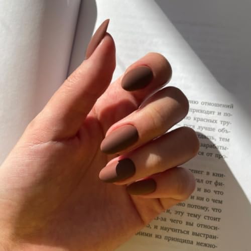 KQueenest Matte Brown Fall Press on Nails Short Oval, Short Fake Nails...