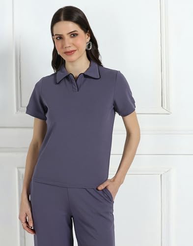 Image of Selvia Solid Two-Piece Co-Ord Set for Women, Top & Wide-Leg Trouser Pants