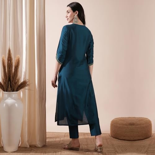 Image of Globus Women Taupe Embroidered Straight Kurta Set with Trouser-3638120001
