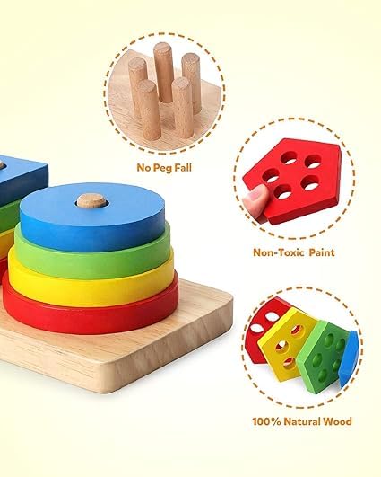 KRIDEZ Montessori Wooden Sorting & Stacking Toys | Shape Color Recognition Geometric 4 Angle Blocks | Matching Puzzle with Lacing String | Educational Learning Board Game -20pcs 1