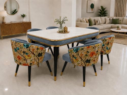 Image of WOODEN SPACE 6-Seater Wooden Dining Table Set | Nano Composite Marble Top | Solid Wood Base | Modern Dining Room Furniture with 6 Chairs (Dark Grey Printed)