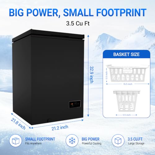 Image of 3.5 Cu Ft Chest Freezer - 2 Removable Baskets 14℉ to -40℉ Quiet Compact Freezer - 7 Temperature Settings - Black Match Day Parties, Home Bar Game Day &Soccer Party