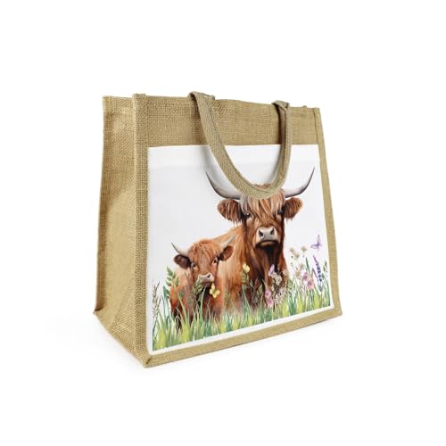 Sac de courses toile de jute Highland cabas réutilisable animaux de la campagne
