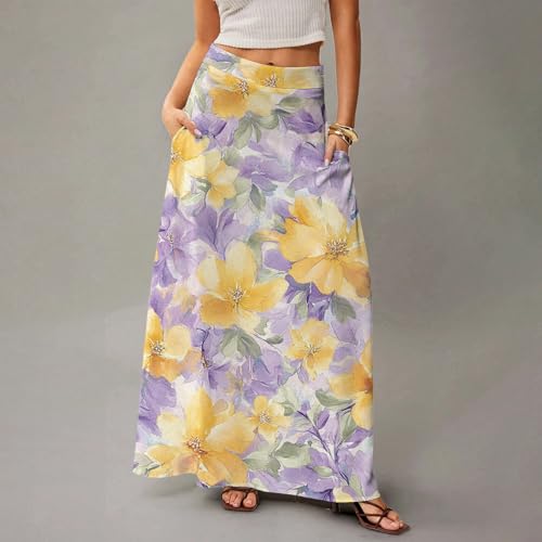 Women's Long Skirts Boho Floral Skirt Casual Elastic High Waist Maxi Skirts Flowy A Line Beach Skirt Outfits, S-2XL2