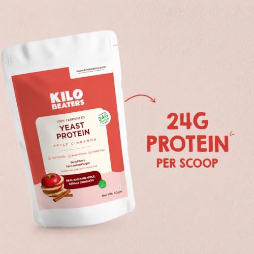 Image of Kilobeaters Fermented Yeast Protein Powder | Apple Cinnamon Flavour | 24g Protein Per Serving | Vegan Plant Protein | Gut Friendly | Gluten Free | Zero Added Sugar | Zero Fillers | 50g (Pack of 4)