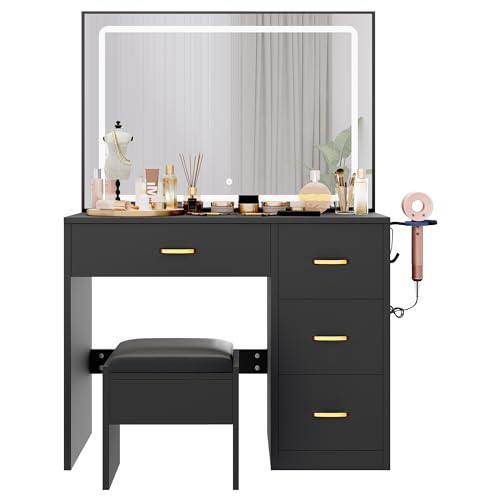 YITAHOME Coiffeuse avec éclairage LED réglable et Prises, Coiffeuse avec Miroir, 4 tiroirs et...